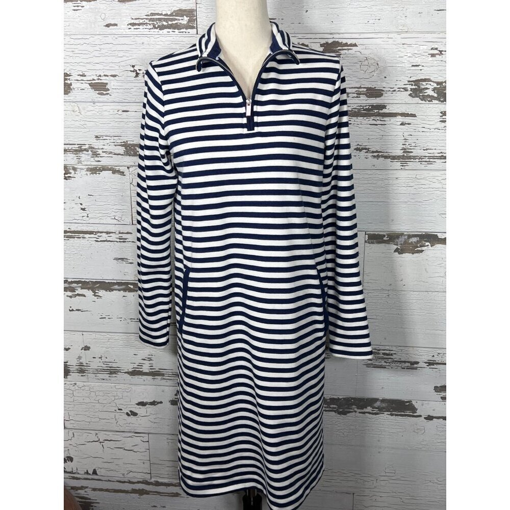 LANDS’ END SERIOUS SWEATS 1/4 Zip Casual Dress Blue White Stripe Sz XS - Picture 2 of 7